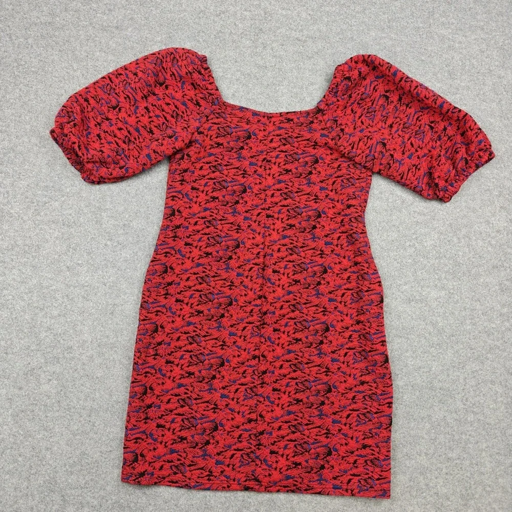 Free‎ People Sunset Dress Womens Small Red Jacquard Puff Sleeve Bodycon Mini